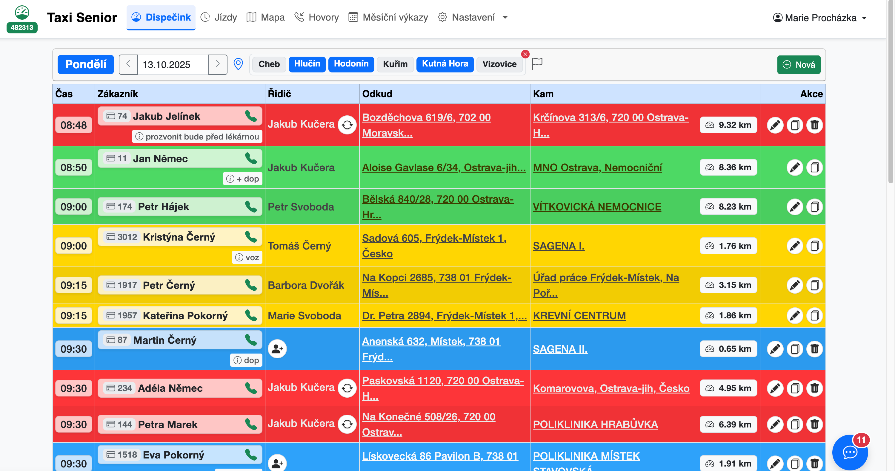 Dispečerský systém - přehled jízd
